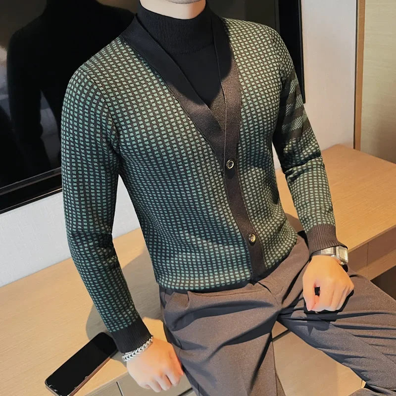 Brand Clothing Men's Print Fashion Pullover/Male Slim Fit High Quality Turtleneck Knit Sweater/Man Printed Knit Shirt 4XL-M
