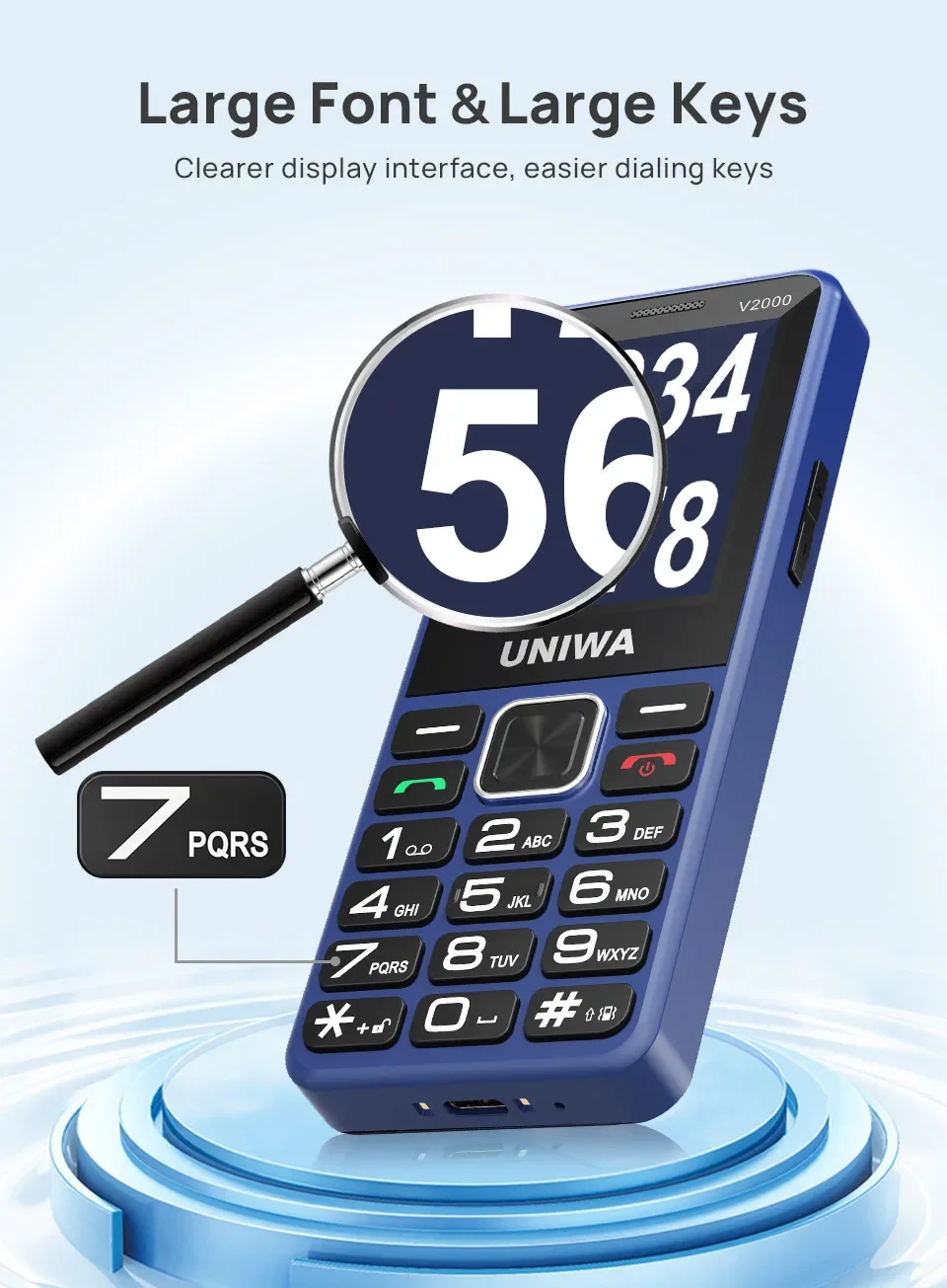UNIWA V2000 4G Keypad Feature Phone 2.4 Inch Big Button Loud Volume Dual SlM 1700mAh Russia Keyboard for Elderly SOS BT V5.0