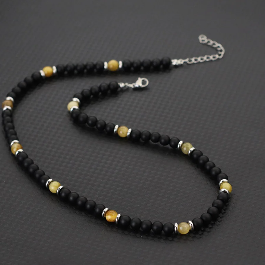 Men Natural Stone Necklace Stainless Steel Buckle Onyx Tiger Eyes Lava Beads