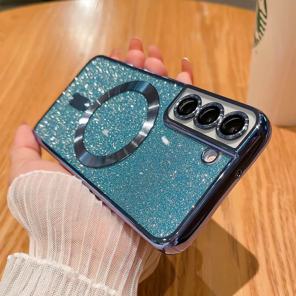 Magsafe Magnetic Phone Case for Samsung Galaxy S23 S22 S21 Ultra FE Glitter 6D Plating Clear Soft Wireless Charging Camera Cover_voghion.com