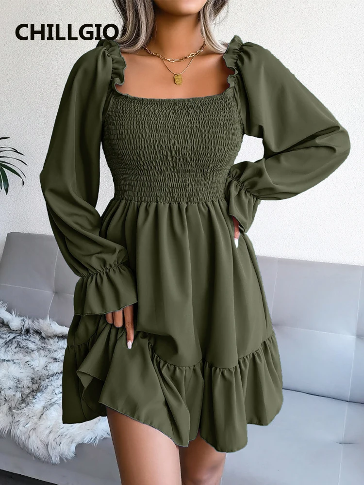 

CHILLGIO Spring Women Ruched A Line Dress Fashion Long Flare Sleeves French Korean Vestido Elegant Square Collar Ruffled Dresses