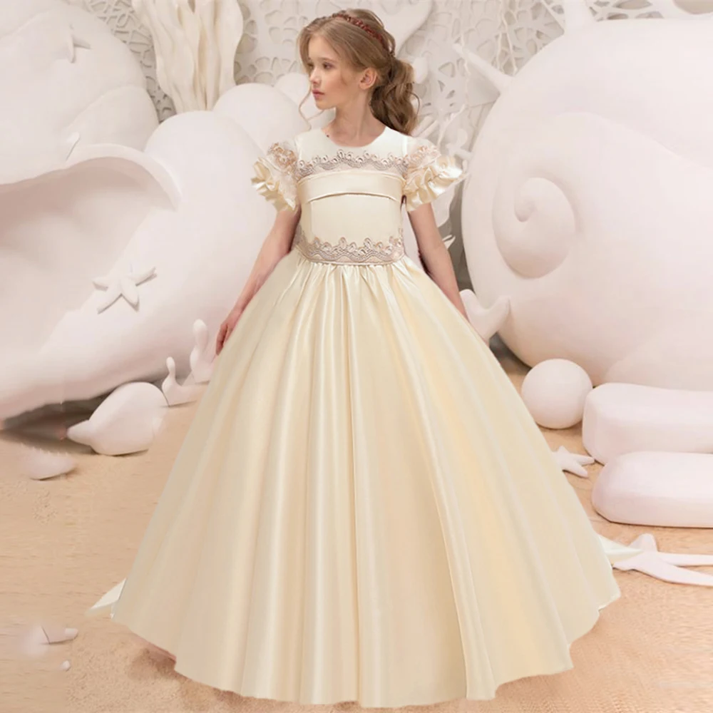 

Elegant Flower Girl Dress Tulle Embroidery Pageant Kids Clothes For Children First Communion New Year Train Costume Vestidos