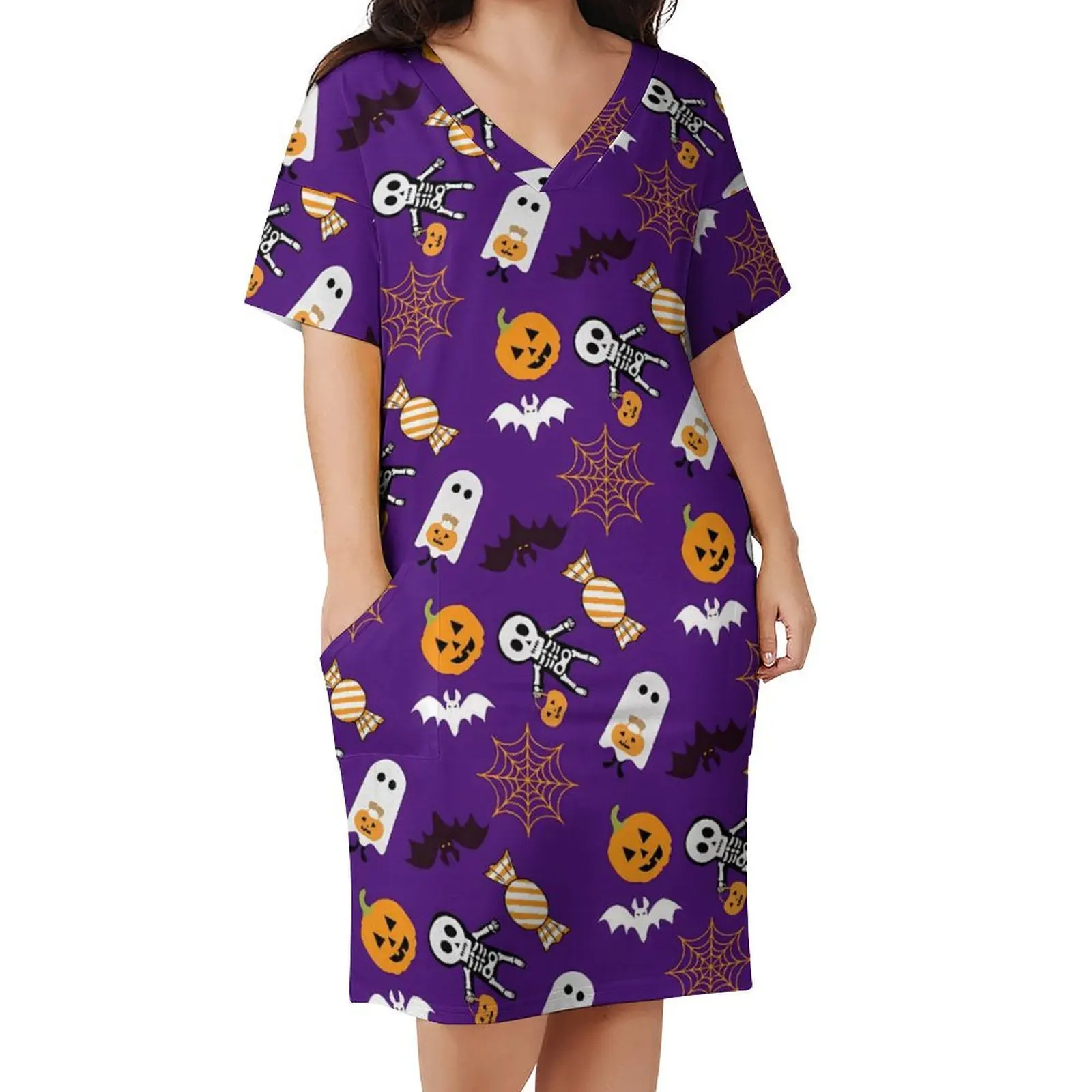 

Halloween Spooky Dress V Neck Cute Ghost Pumpkin Kawaii Dresses Womens Street Style Pattern Casual Dress With Pockets Big Size