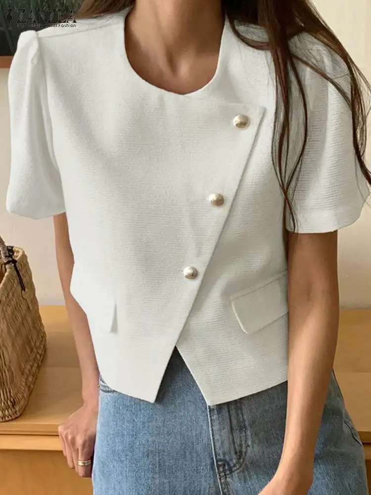 

Korean Fashion Summer Tops Women Elegant Short Sleeve Buttons Blouse ZANZEA Casual Solid Office Work Shirt Female Blazer Blusas