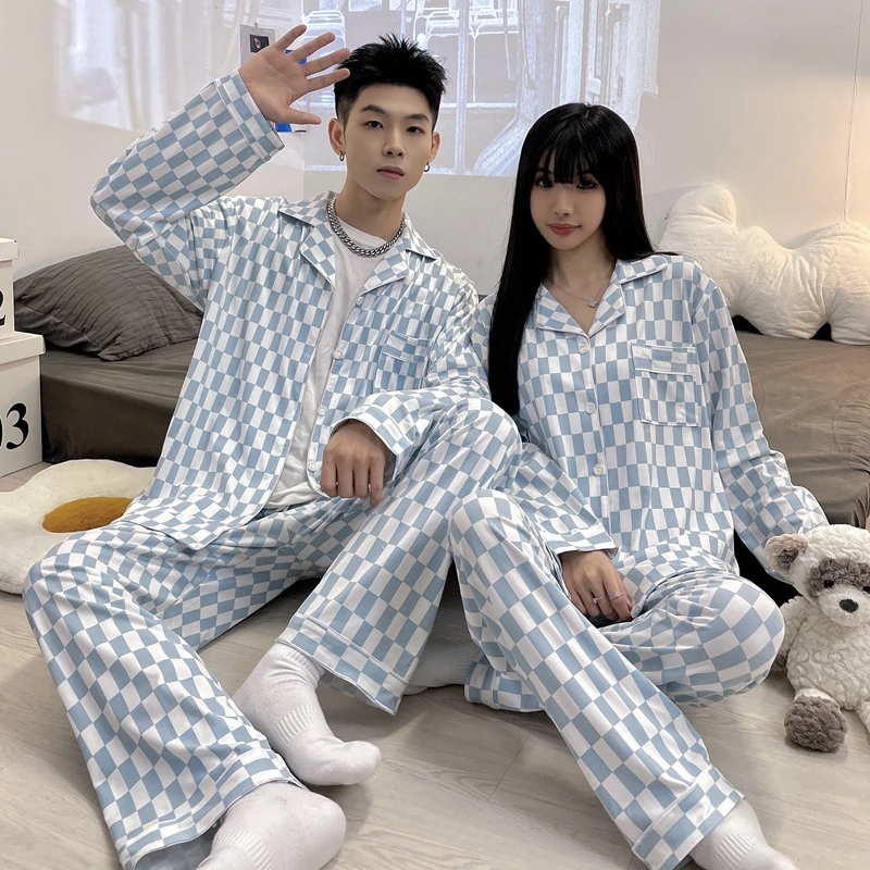 Spring New Style Couple Pajamas Women's Cotton Imitation Long Sleeve Autumn Cardigan Small Lapel Casual Large Men's Home Suit