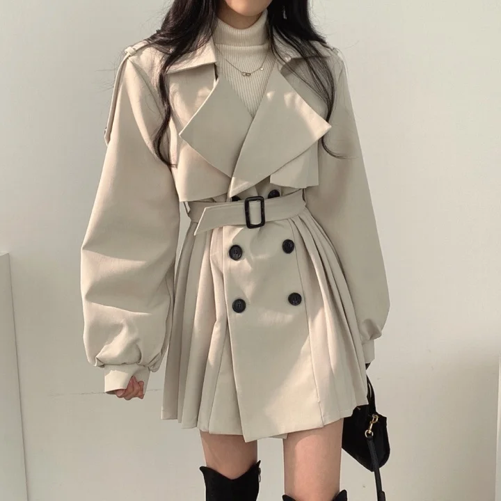 [EWQ] Korean Chic Black Lapel Double Breasted Lace Up Waist Lantern Sleeve Pleated Windbreaker Coat Female Fashion 2022 16E4792 best winter jackets