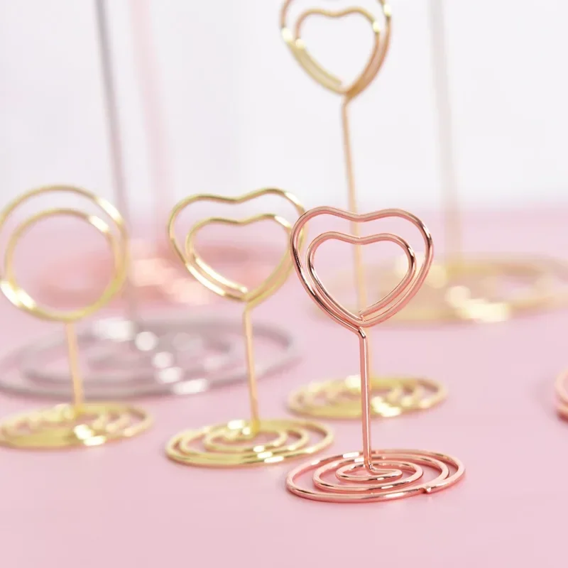 Place Card Clamps Stand Metallic Heart Shape Photos Clips Paper Clamp Table Numbers Holder Desktop Decoration 5PCS