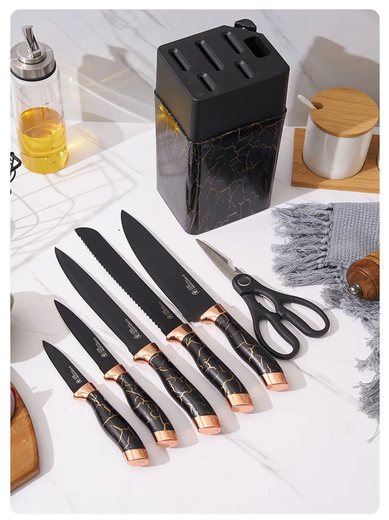 7pcs Kitchen Knife Sets Stainless Steel Chef Knife Bread Knife Marble Textured Handle Sets Tool Holder with Grinding Stone