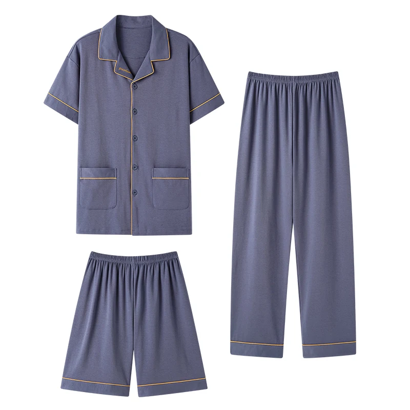 3PCS/Set Male Nightwear Suit Summer Short Sleeve Pajamas Striped Homewear Men Big Yards4XL Cotton Pijama