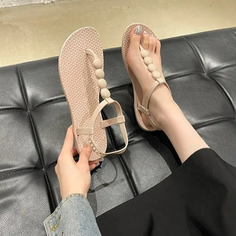 Women's Fashion Flat Shoes Summer New Round Head Clip Toe Round Buckle Soft Sole Anti-slip Wear-resistant Beach Sandals