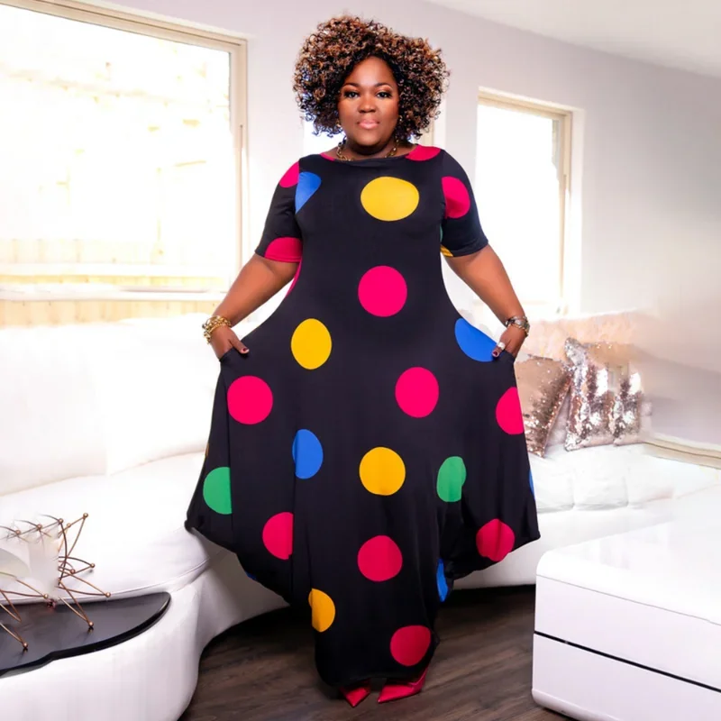 

KEXU Big Dot Print Plus Size Women Short Sleeve Loose Maxi Dress 2024 Casual Summer T-shirt Style Dresses Vestidos Streewear