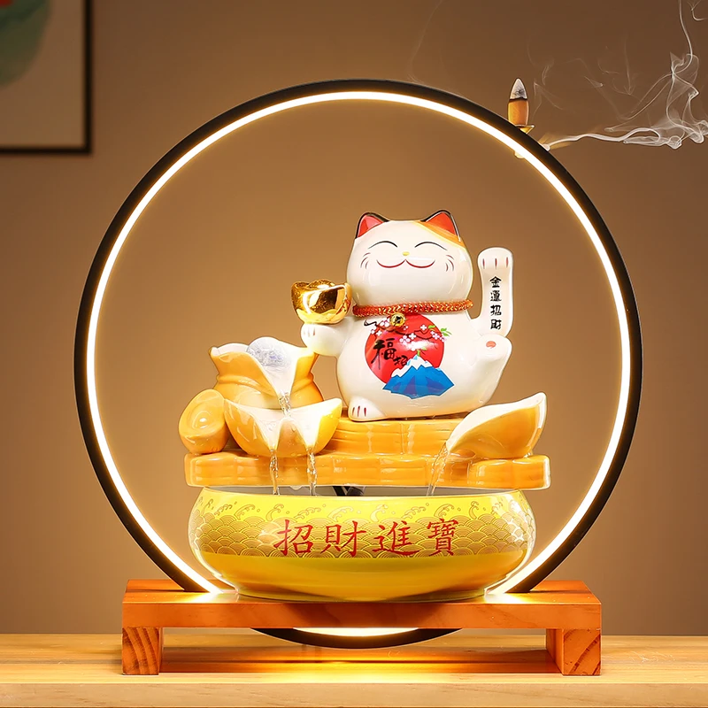 

Lucky Cat Flowing Water Ornaments Feng Shui Good Fortune Ball Living Room Office Desk Surface Panel Fountain Water Circulation