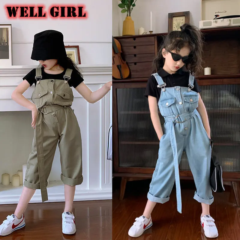 

spring summer suspender overalls baby girl jumpsuit toddler kids clothes belt denim rompers one piece outfits jeans 3 to 8 yrs