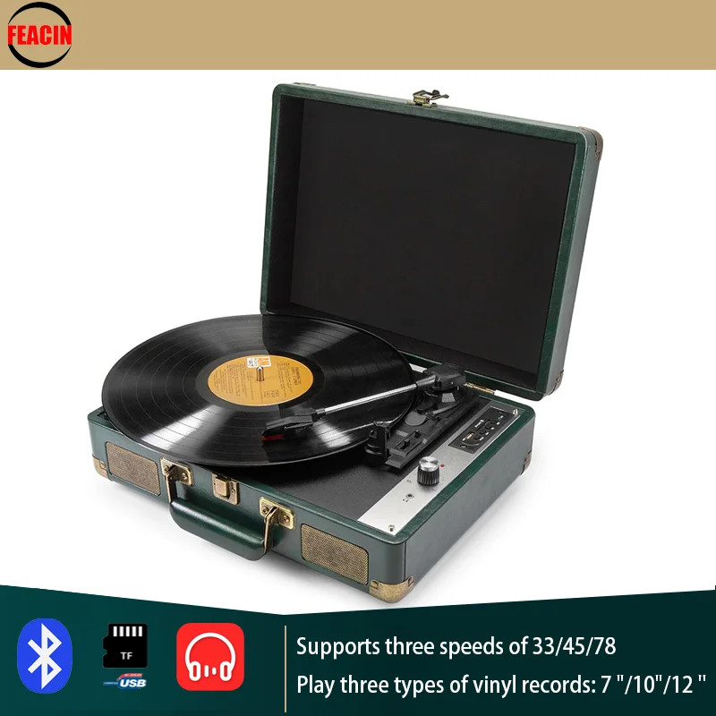 Retro portable vinyl record player, Bluetooth/USB/TF playback, suitable for family gatherings, outdoor camping, party gifts