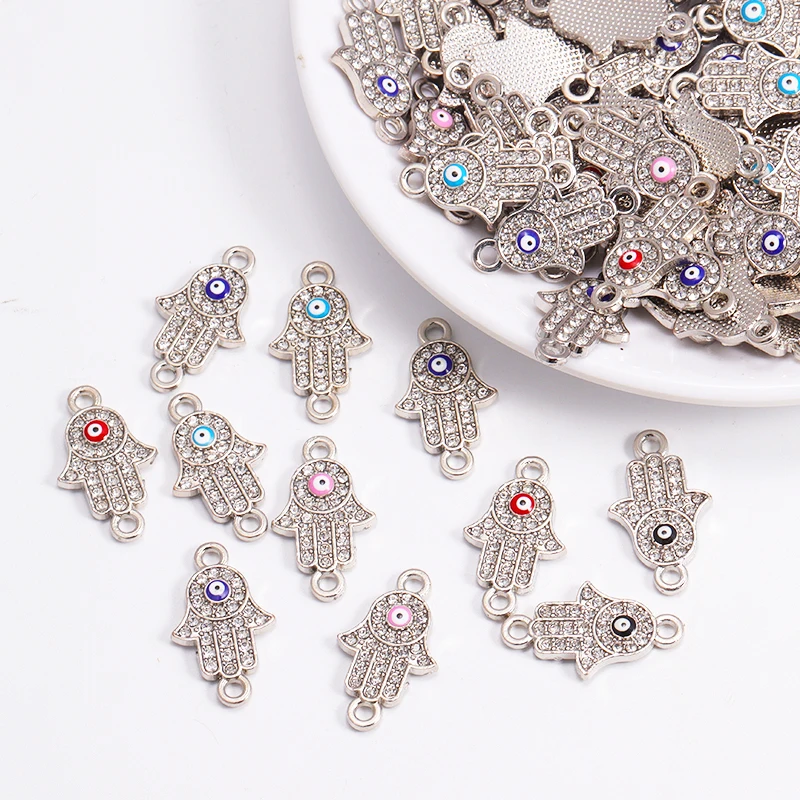 

20Pcs/Lot Rhinestone Hamsa Hand Evil Eye Charms Connectors For Jewelry DIY Handmade Necklace Earrings Bracelet Making Craft