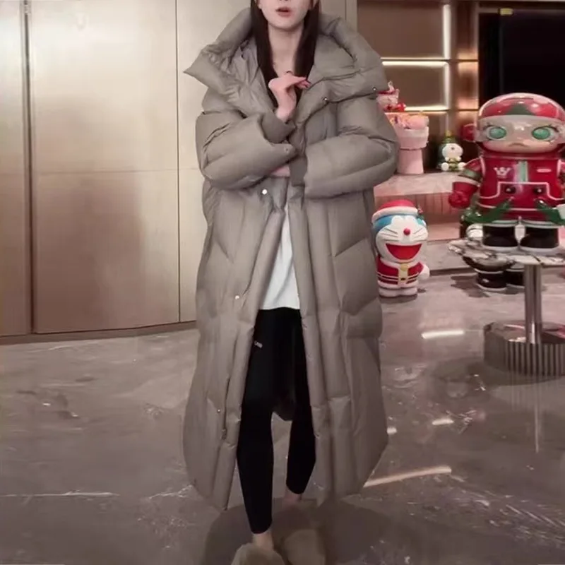 Winter Solid Long Hooded Down Jacket Female Thick Warm Outdoor Parka Outwear Women White Duck Down Loose Knee Length Down Jacket