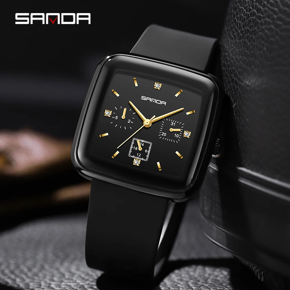 

2022 модные кварцевые часы Sanda для мужчин Sanda, водонепроницаемые наручные часы унисекс с календарем и силиконовым ремешком, квадратные женские часы с шестью стрелками