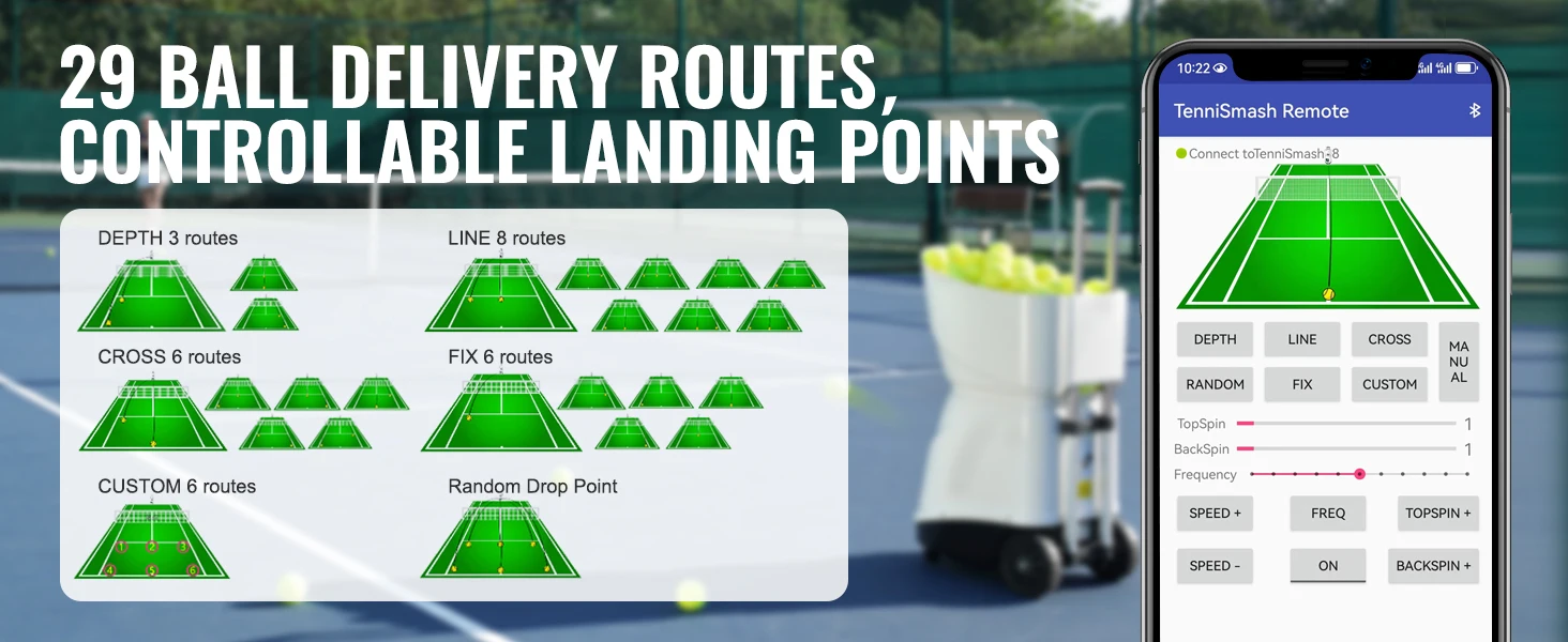 SucceBuy Tennis Ball Machine Automatic Portable Launcher Multi-Mode Drills 2+ Hours Play Rechargeable Battery App Remote Control