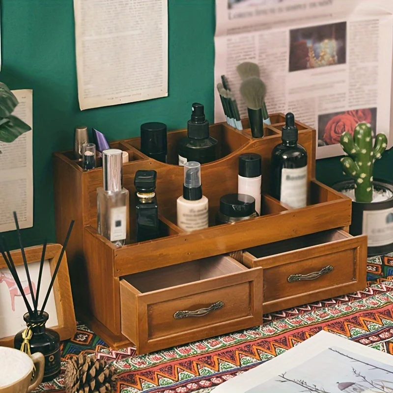 Organizer da scrivania in legno di ispirazione vintage: scomparti multipli per cosmetici e articoli per ufficio, ideale per l'arredamento della casa - immagine 3
