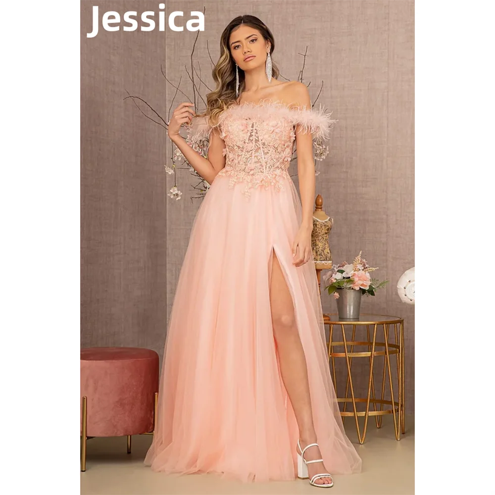 Jessica Embroidery Pink Prom Dresses  Ladies Luxury Feather Evening Dresses Formal Wedding Party Dresses Robes De Soirée2024