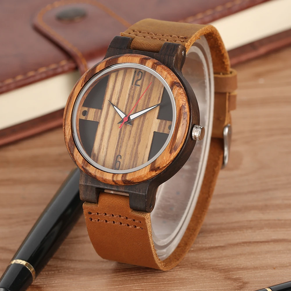 

Natural Retro Wooden Men's Quartz Watch Brown/Black Genuine Leather Watchband Unique Arabic Numerals Dial Casual Male Watches