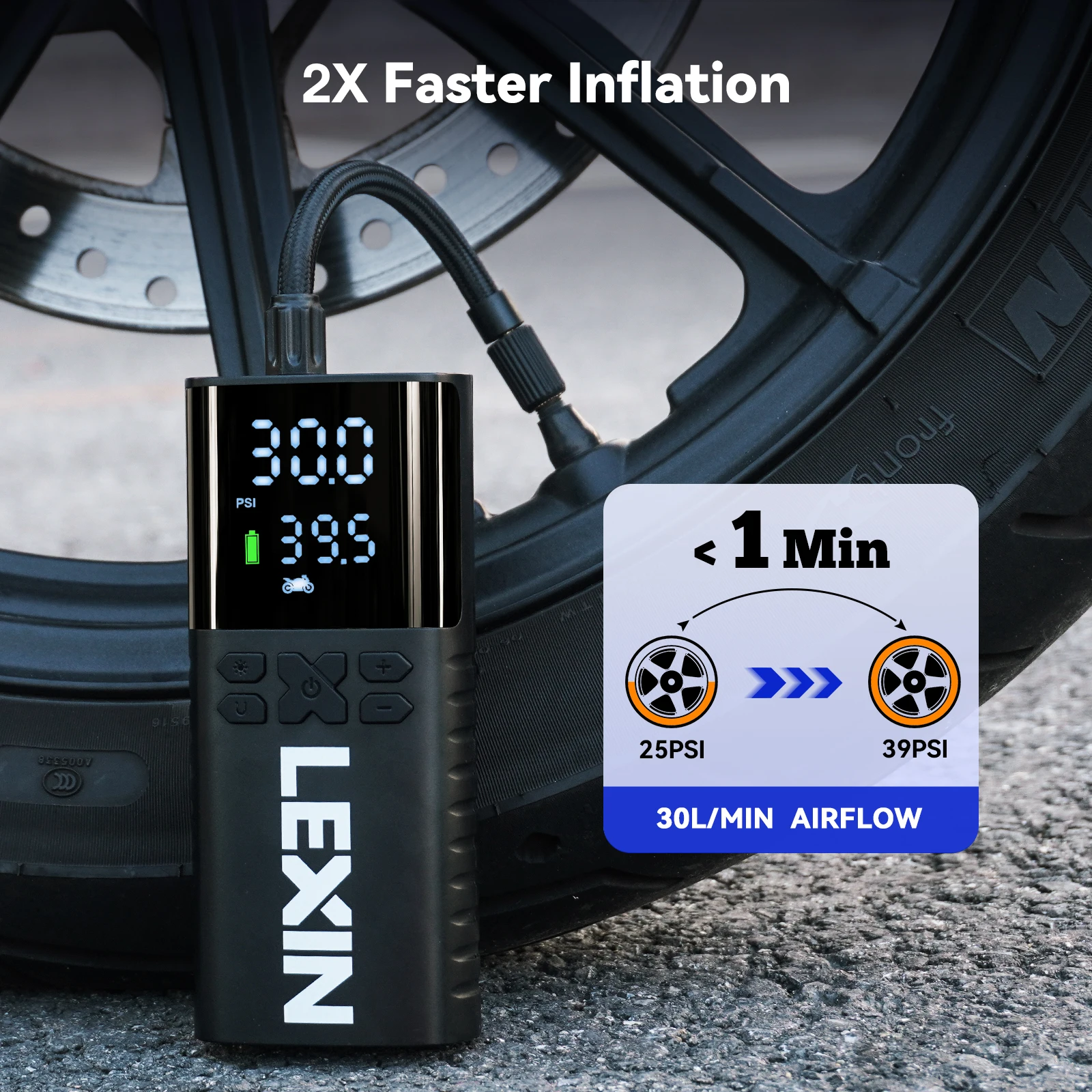 2023 Lexin P4 Smart Air Pump 4000mAh for Motorcycles Tire Inflator Bicycle Boat with LED Digital&Preset Pressure Inflation