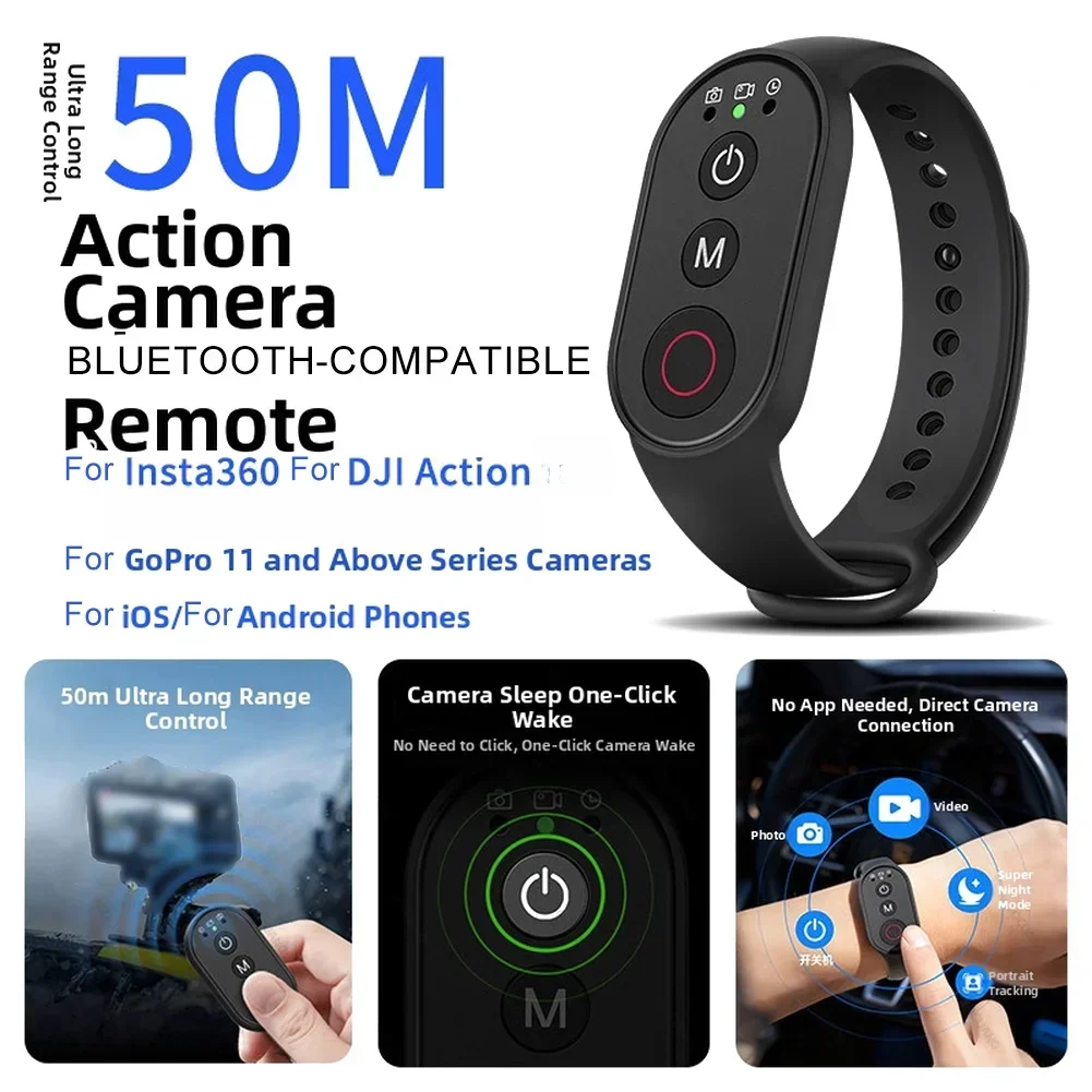 Main tenant la télécommande Bluetooth pour caméra d'action, prête à déclencher l'enregistrement.