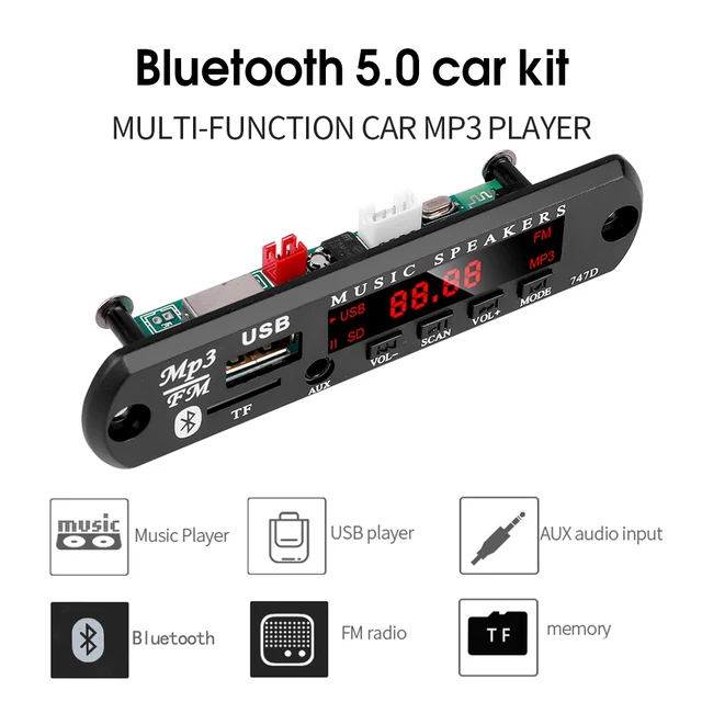 Kebidu 6V-24V Bluetooth 5.0 Car Kit Wireless MP3 Decoder Board Audio WMA Car Music Player Module Lossless Audio USB AUX TF Radio 2