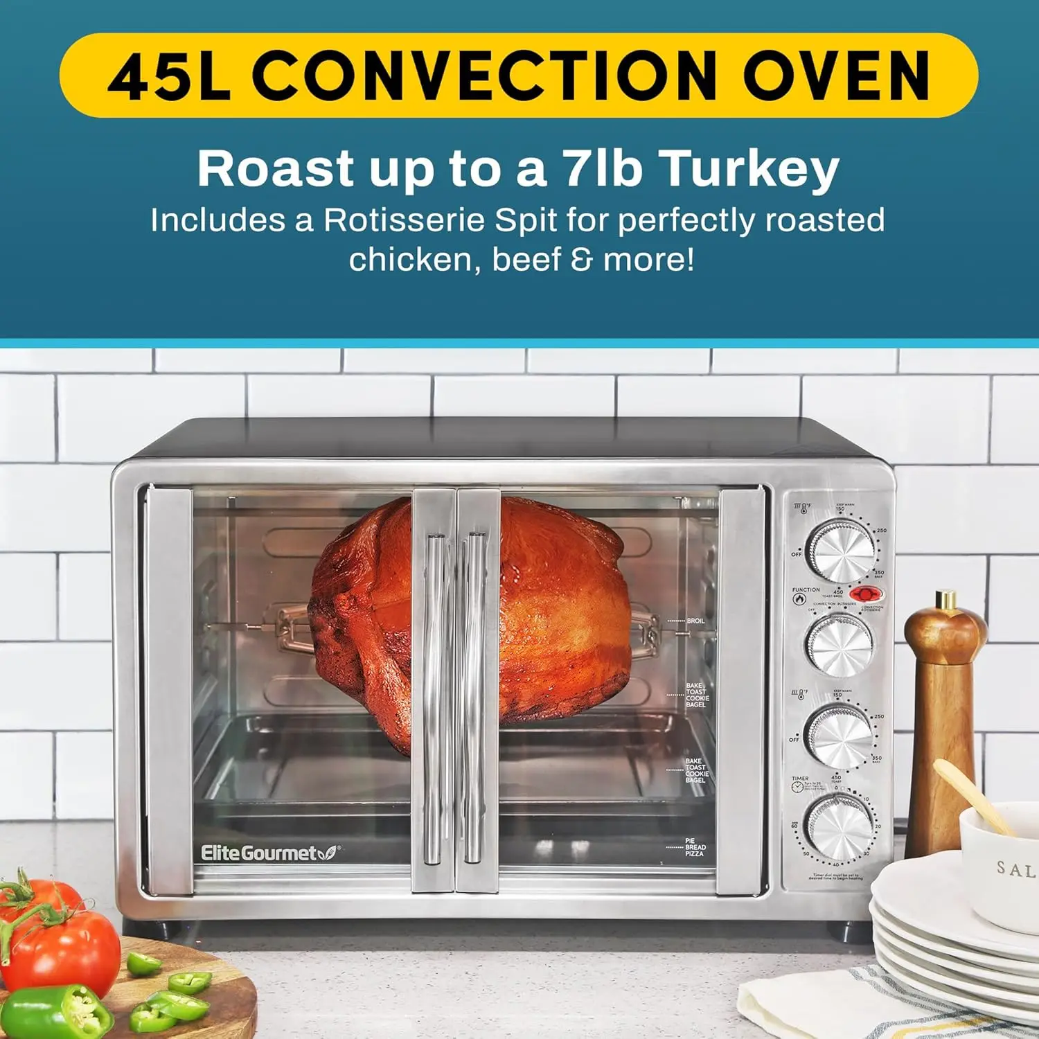 Elite Gourmet -French Door 47.5Qt, 18-Slice Convection Oven 4-Control Knobs, Bake Broil Toast Rotisserie Keep Warm, Inc 3