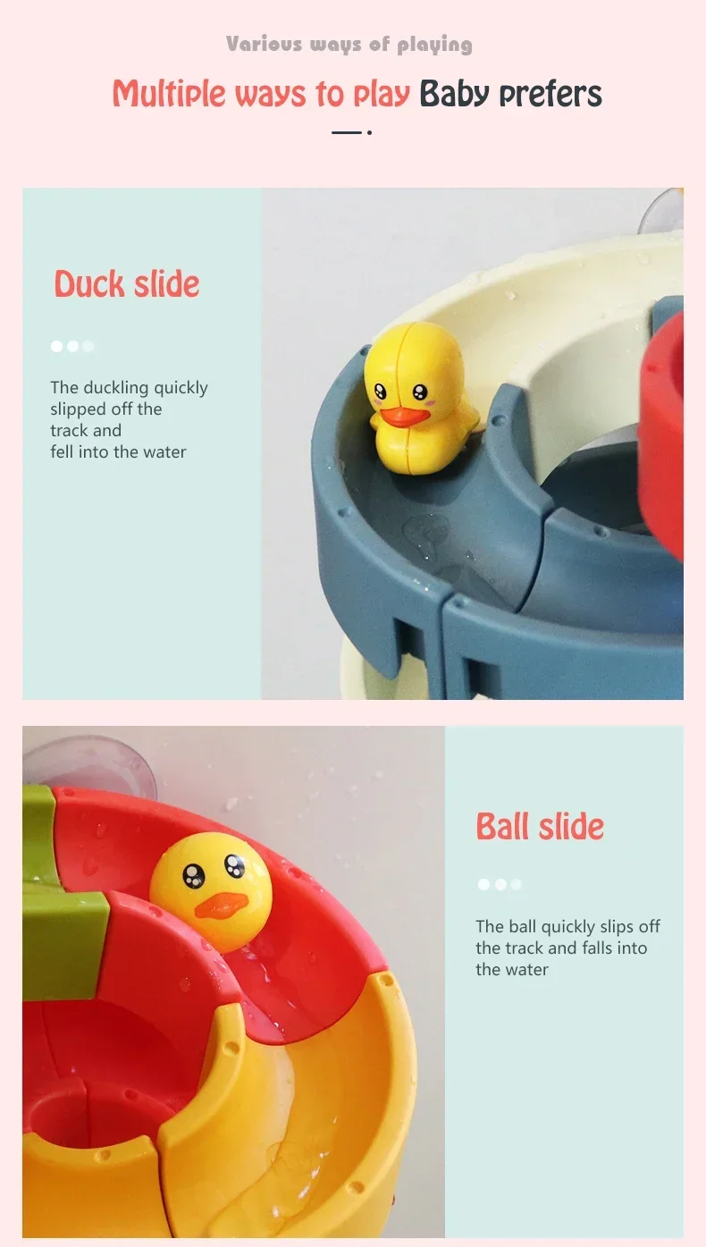 Caption reads multiple ways to play baby prefers, Duck slide, picture of duck sliding