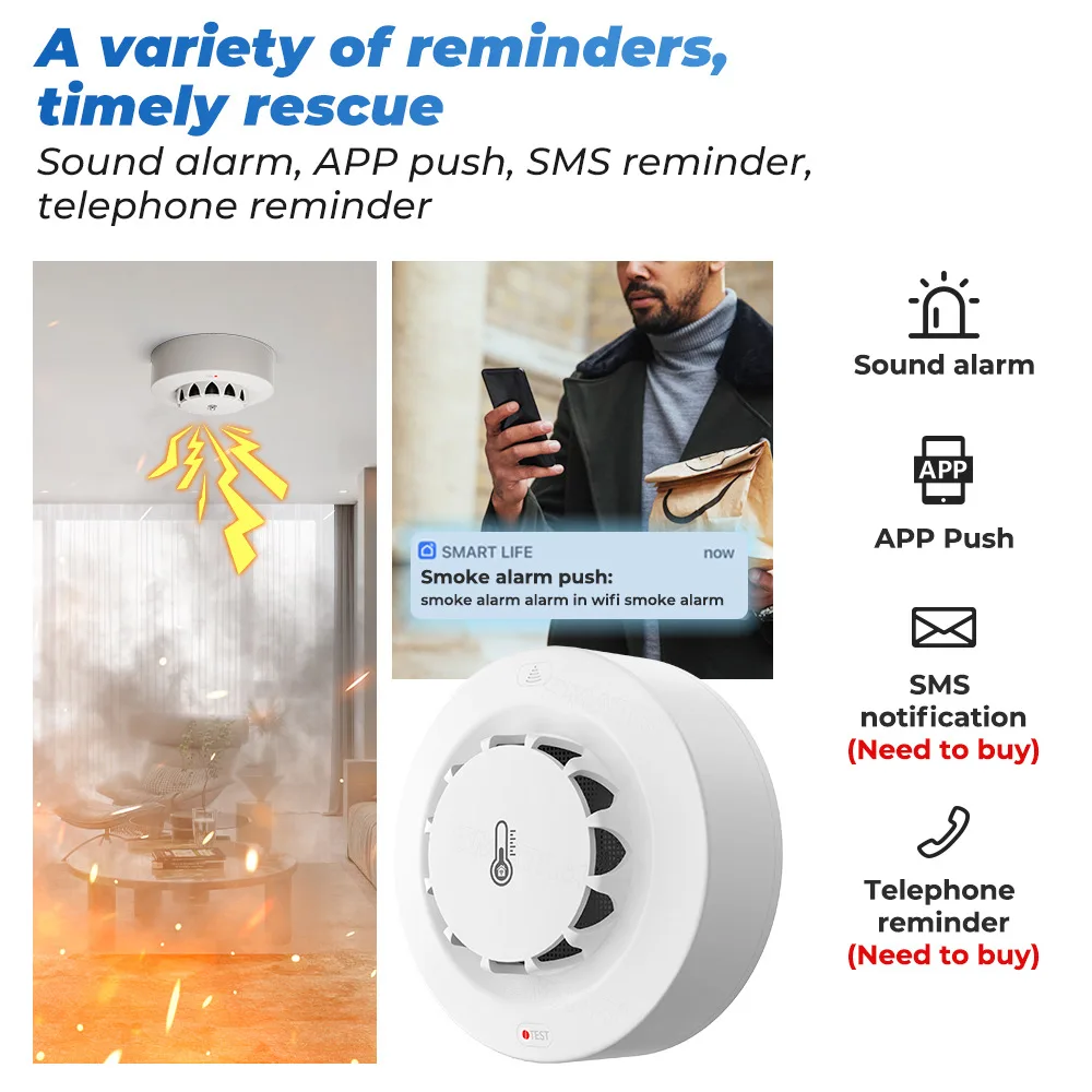 WiFi Smoke Detector Alarm Fire Smoke Temperature Humidity Detection 80dB Sound for Alexa Google Home Tuya Smart Life