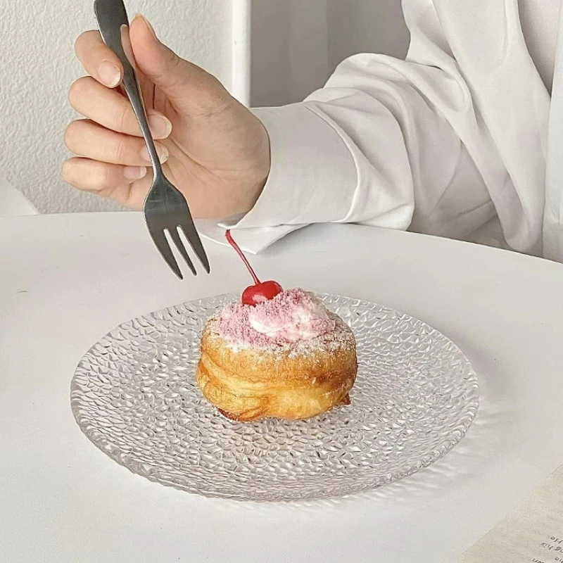 Creative Round Shaped Glass Plates Transparent Engraved Salad Fruit Plate High-looking Dessert Plate Kitchen Accessories