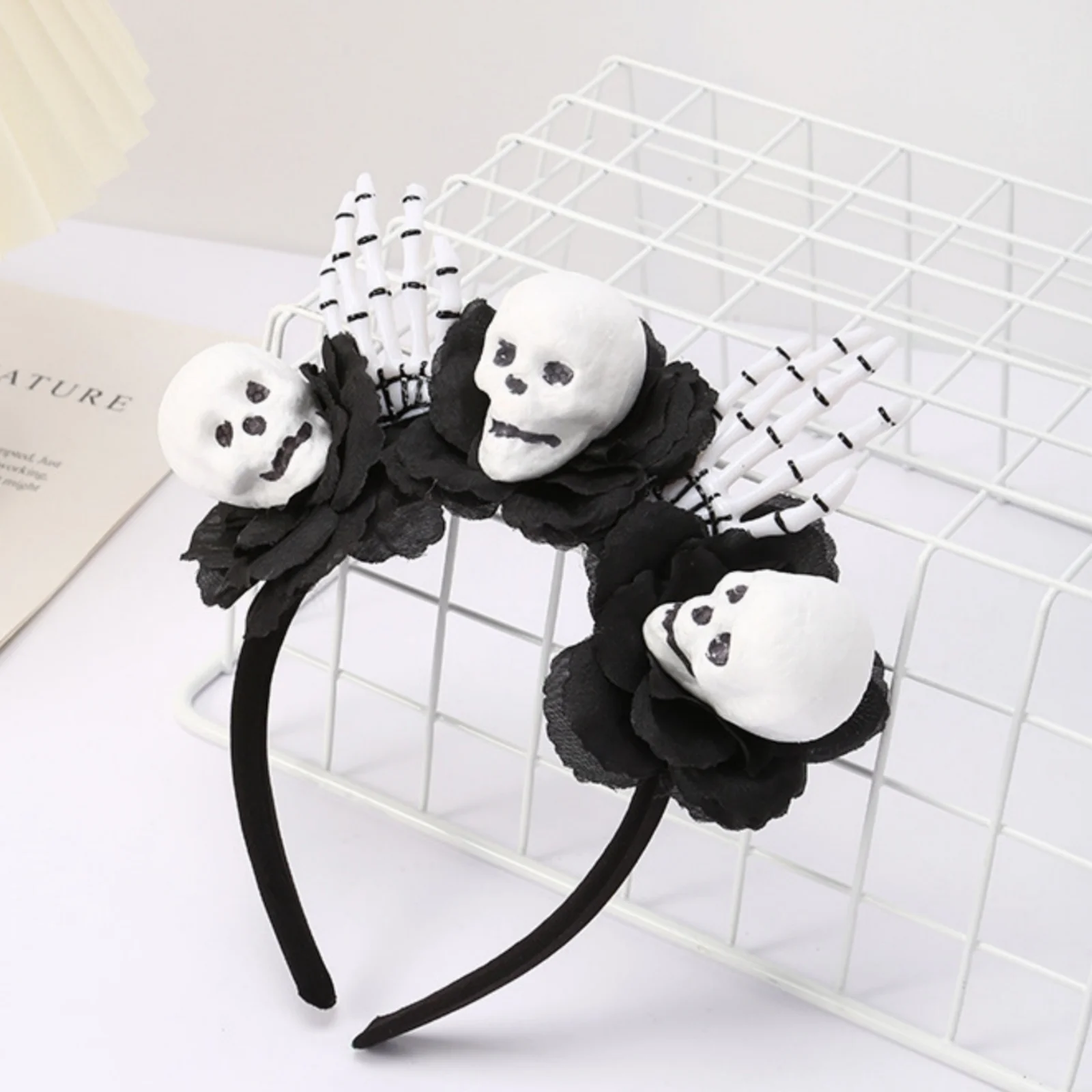 1PC  Halloween Skull Headbands Set, Black Rose & Skeleton Hand Design, Spooky Festive Hair Accessories