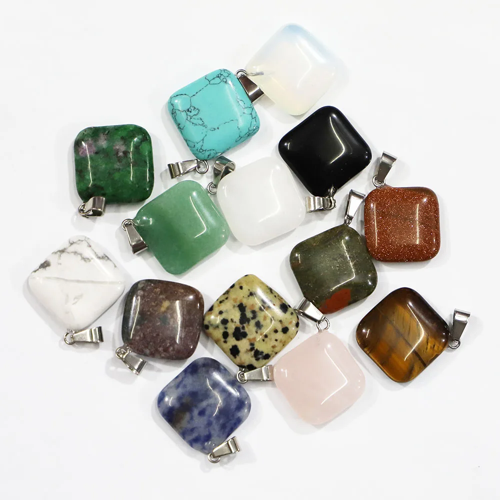 Natural Stone Square Necklace Pendants Crystal Quartz Agates Sodalite Howlite Reiki Charms DIY Jewelry Making Accessories 30Pcs