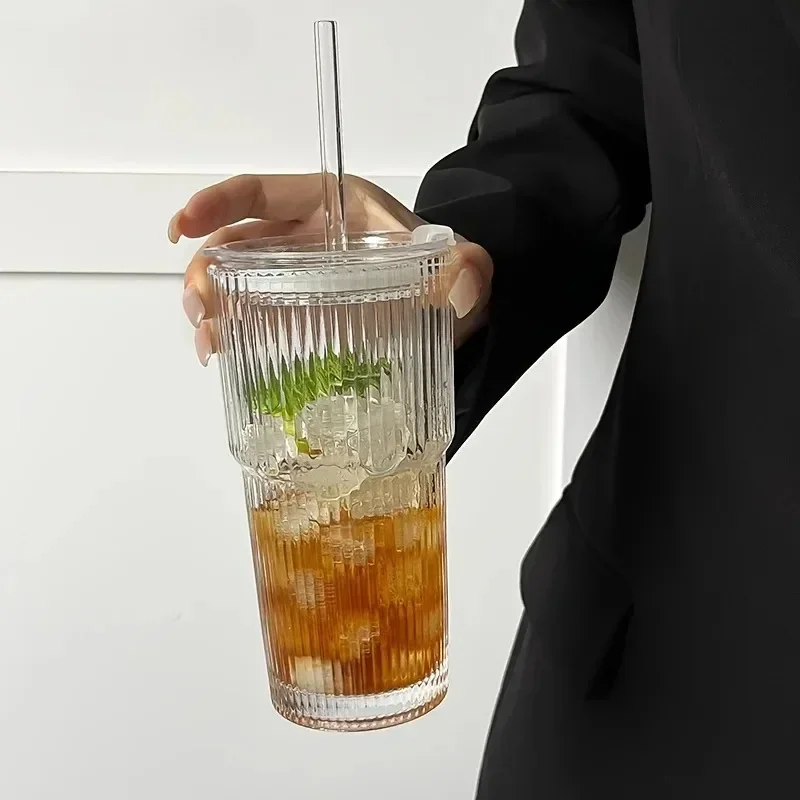 600ML glass cup Striped Cup with Lid Straw Transparent Milk Iced Coffee Cup Beverage 1pcs