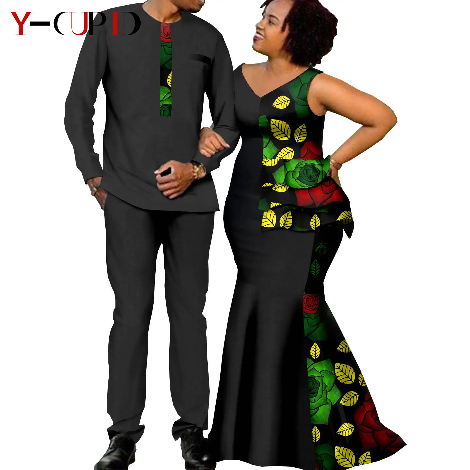Bazin África ropa de pareja, Dashiki estampado, vestidos largos drapeados para mujeres, conjuntos de camisa y pantalón a juego para hombres, Y22C006