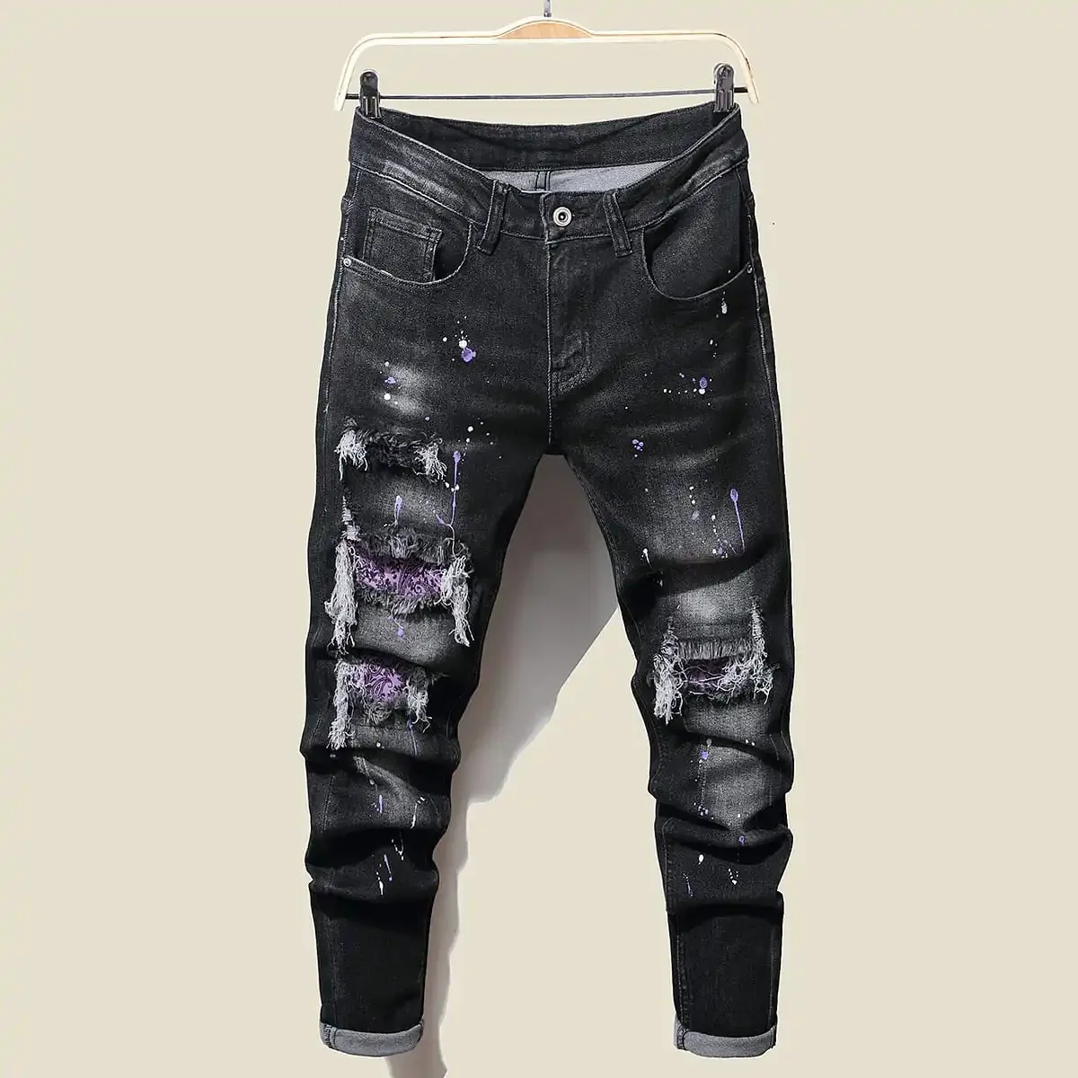 

New Men's Slim Jeans With Ripped Tassel Holes And elastic Paint Spray Black Stitching Beggar Pants men designer jeans for men