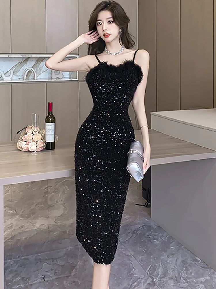 

Women Sequins Chic Flocking Sling Long Dress 2023 Korean Vintage Hepburn Black Dress Autumn Winter Elegant Luxury Evening Dress