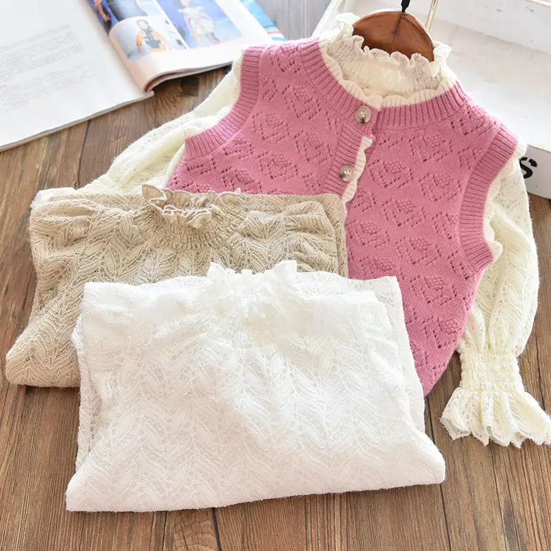Spring Girls Lace Shirts White Long Sleeved Bottoming T-Shirt Kids High-Neck Punching Blouse Tops Children's Clothing Pullover