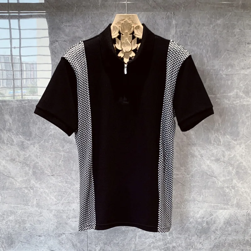 

2023 Summer Houndstooth Contrast Stitching Short Sleeved Polo Shirt Men Casual High-end Lapel T-shirt Camiseta Verano Hombre