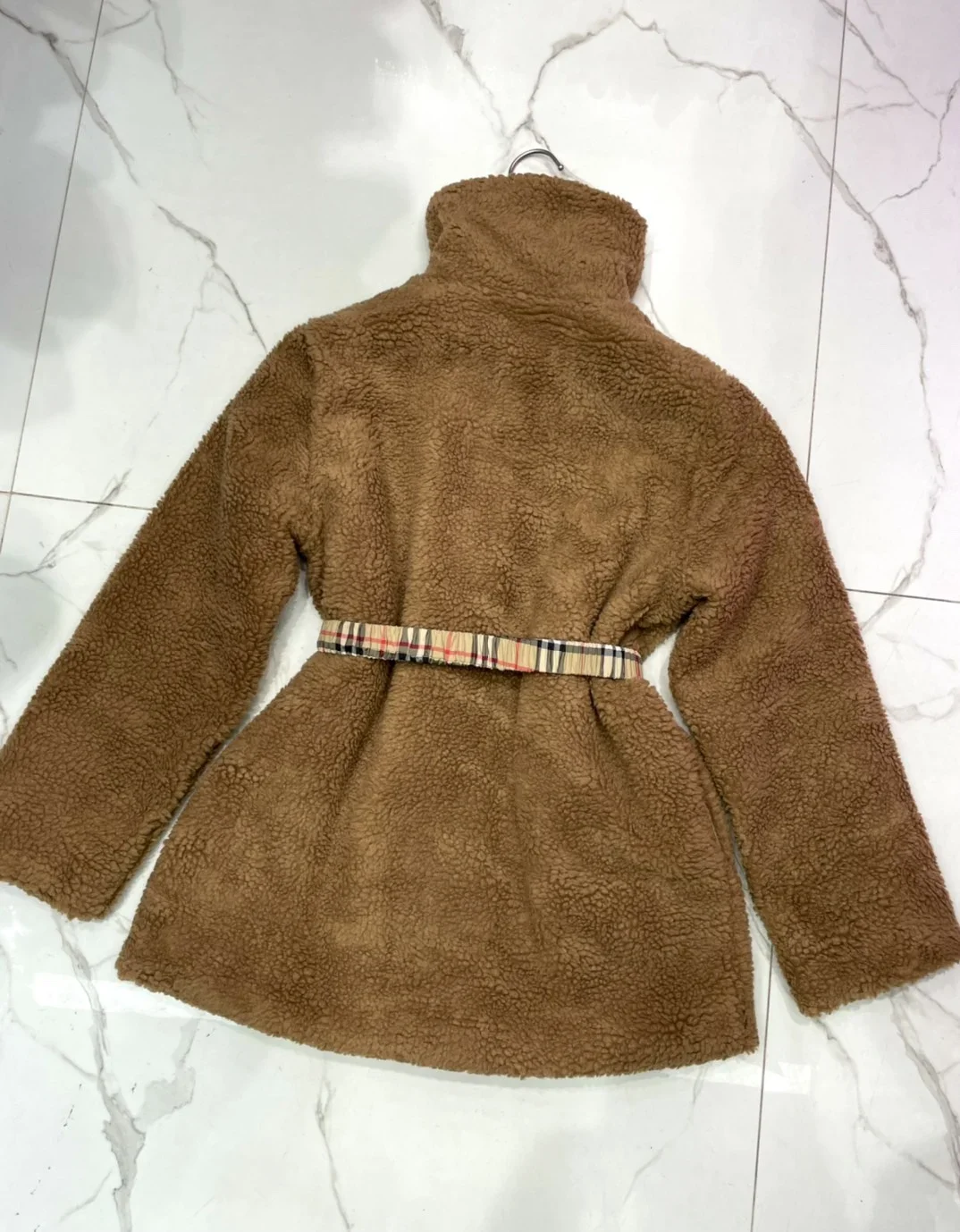 

Autumn/Winter New Fashion Big Polo Neck Embroidered Chest Logo Mid length Simple Belt Long Zipper Lamb Wool Coat