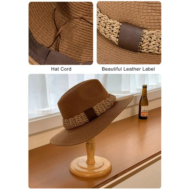 Beach Hat ﻿Summer Natural Wheat Straw Big Brim Flat Top Visor Sunshade Hats