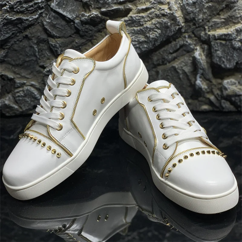 Luxury Designer White Leather Red Bottoms Low Top Gold Rivets Shoes For  Men's Casual Flats Loafers Women's Spikes Brand Sneakers