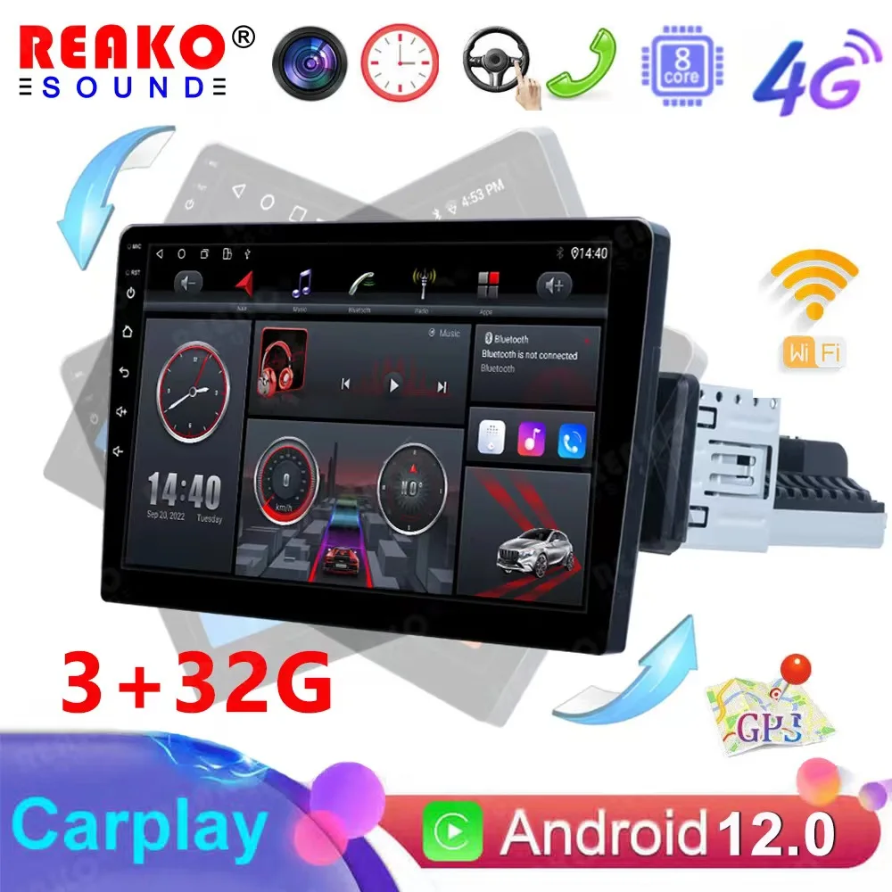 

REAKOSOUND 10'' Car Radio Stereo GPS Multimedia Player 1 DIN WiFi CarPlay auto Android12 360° Screen Autoradio DSP-RDS 4G 8CORE