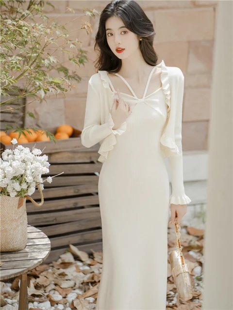 French Vintage Chic Temperament White Fairy Senior Knitted Dress + Shawl  Loose Casual Two-Piece Set 2023 Women's New - AliExpress