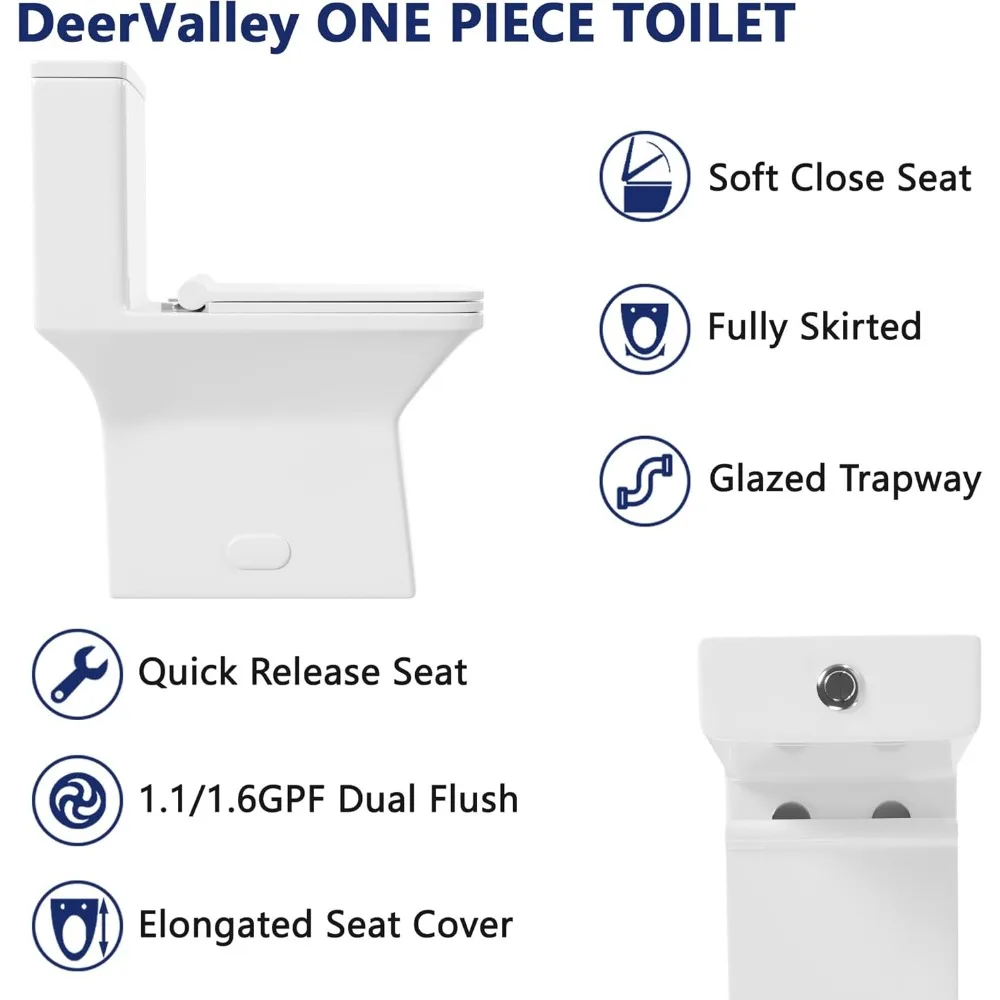 Elongated One Piece Toilet, DV-1F0072-1 Square Compact Toilets for Bathrooms, Dual Flush 1/1.6 GPF and MaP 1000g, 12'' Rough-In 5
