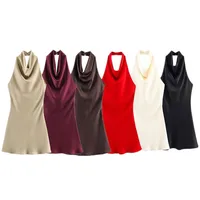 Silk Satin Texture Summer New Arrival Women's  Dr Hanging Ne Collar Gown Soft A-Line Skirt High Waist Pure Color - Image 5