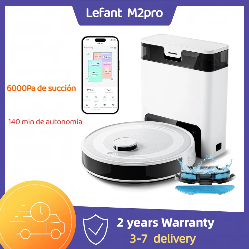 LEFANT M2Pro Robot aspirador y trapeador, Vaciado automático 60 días,navegación láser, 6000Pa de succión, 140 min de autonomía