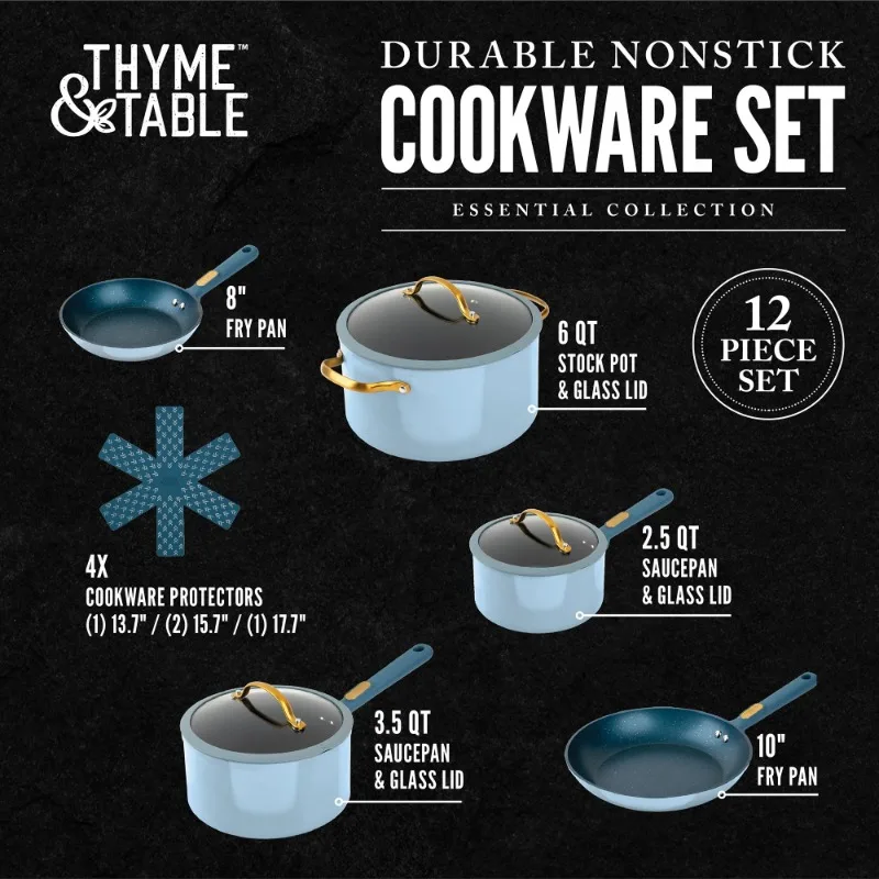 Thyme & Table Nonstick 12-Piece Granite Cookware Set, Blue