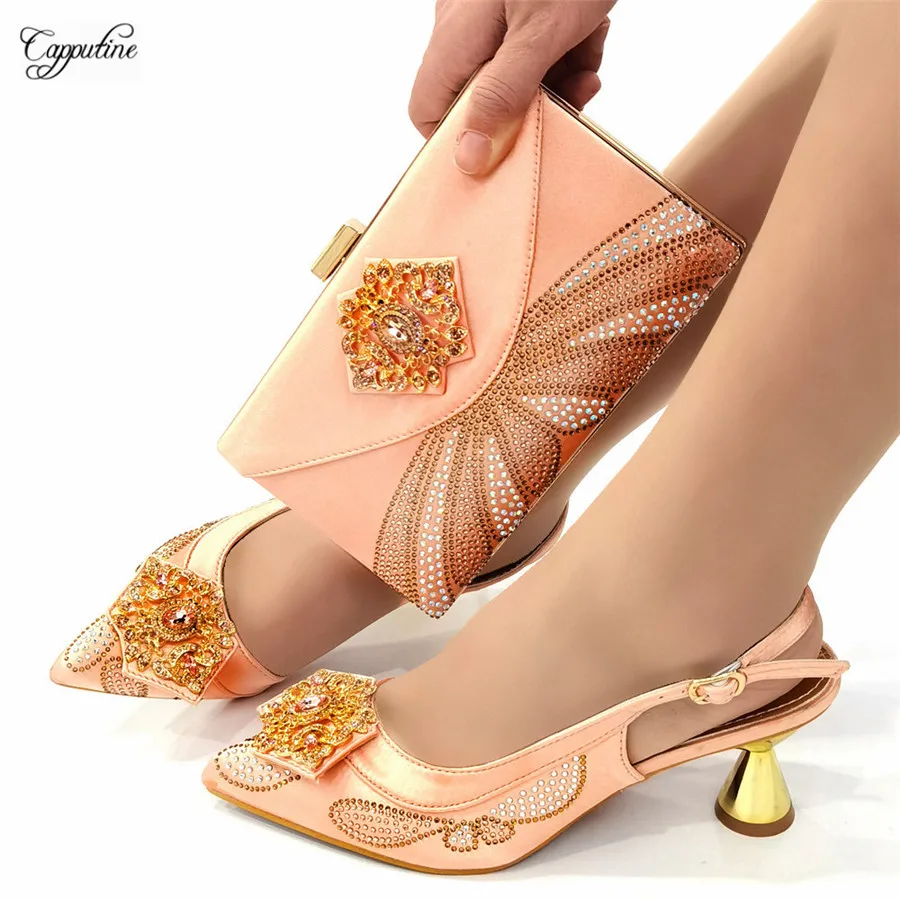Wholesale Peach sandal shoes matching crystal bag new styles